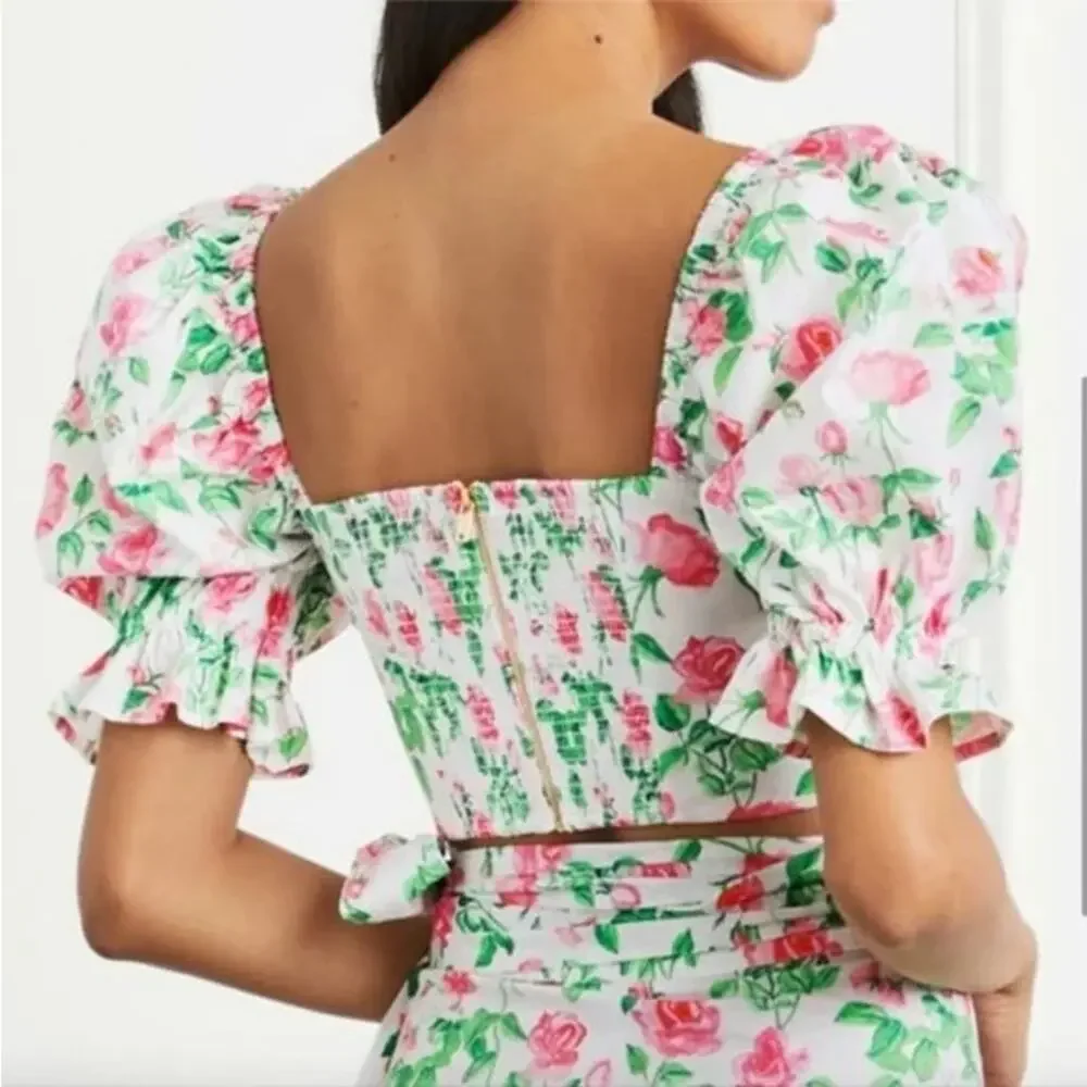 Hill House The Isabella Top in Pink Roses Puff Sleeve Poplin Floral Bow Crop Top